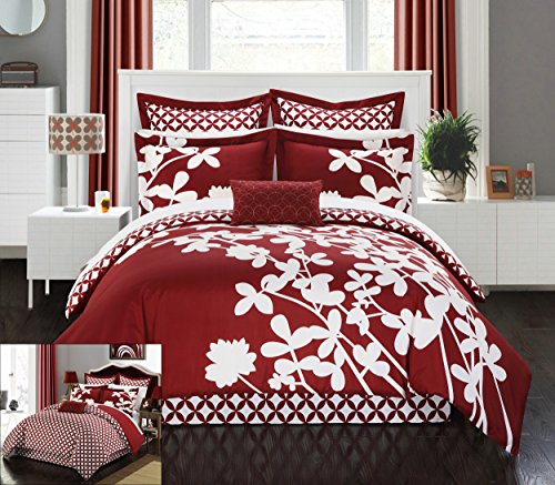 Chic Home 7 Piece Iris Reversible Large Scale Floral Design Printed with Diamond Pattern Reverse Comforter Set, Queen, Red Chic Home 7 Piece Iris Reversible Large Scale Floral Design Printed with Diamond Pattern Reverse Comforter Set, Queen, Red von Chic Home