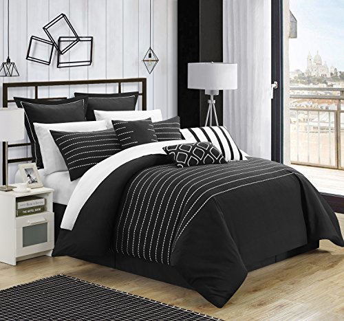 Chic Home Brenton Super Rich Microfiber Stitch Embroidered 9 Piece Comforter Set, Queen, Black von Chic Home