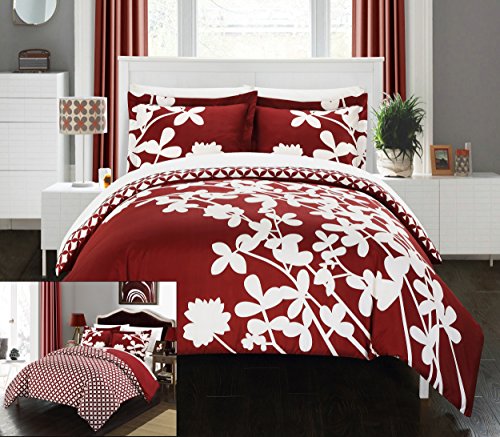 Chic Home 3-teiliges Calla-Lilien-Wendebezug-Set, Rot, Bettdeckenbezug für Queen-Size-Betten von Chic Home