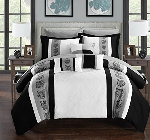 Chic Home Clayton 10 Comforter Pin Tuck Pieced Block Embroidery Bed in A Bag with Sheet Set Black, King, White von Chic Home