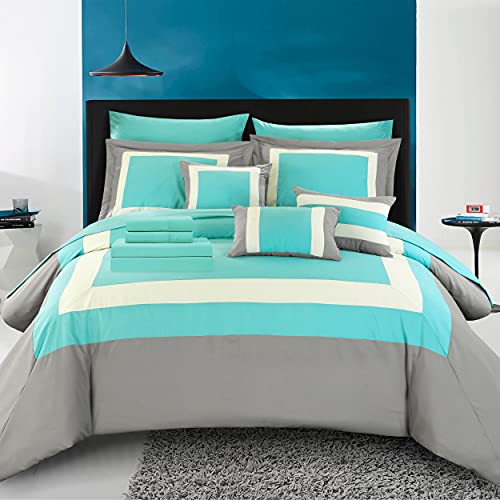 Chic Home Duke Queen Bettdecken-Set mit 2 Kissenbezügen, 3 Kissen und Bettwäsche-Sets für Queen-Size-Betten, 10-teilig (Türkis) von Chic Home