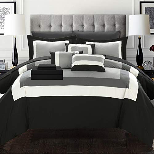 Chic Home Duke Queen Bettdecken-Set mit 2 Kissenbezügen, 3 Kissen und Bettwäsche-Set, 10-teilig, Queen-Size-Bett, Schwarz von Chic Home