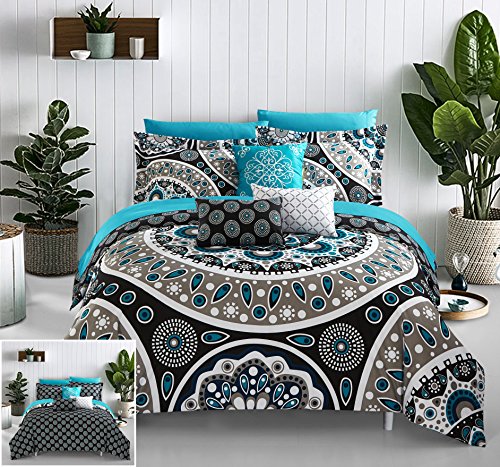 Chic Home Mornington Contempo Contempo Bohemian-Stil, wendbar, Bedruckt, mit gestickten Details, King-Size-Bett in Einer Tasche, Schwarz von Chic Home