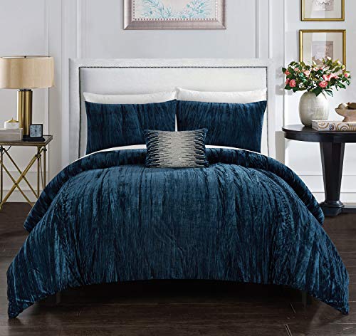 Chic Home Westmont 4-teiliges Bettwäsche-Set, Knittersamt, dekorative Kissenbezüge, Kingsize-Bett, Marineblau von Chic Home