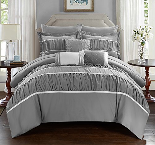 Chic at Home Cheryl 10-teiliges Bettwäscheset, komplettes Bett in Einer Tasche, plissiert, gerüscht, mit Bettlaken-Set, Mikrofaser, grau, Queen von Chic Home