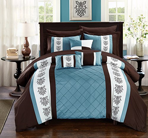 Chic Home 10 Comforter Pintuck Pieced Block Embroidery Bed in a Bag with Sheet Set Blue, Microfiber, Brown, King von Chic Home
