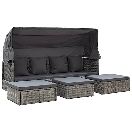 ChicAbode Garten-Sonneninsel mit Dach Gartenliege mit Sonnenschutz Chaiselongue Sonnenbett mit Klapptisch Outdoor Lounge Grautöne Poly Rattan von ChicAbode