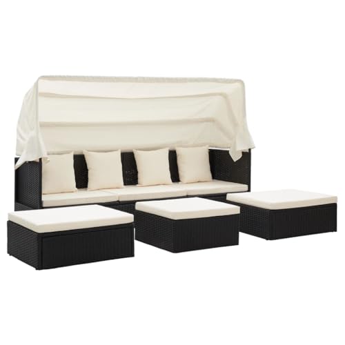 ChicAbode Garten-Sonneninsel mit Dach Gartenliege mit Sonnenschutz Chaiselongue Sonnenbett mit Klapptisch Outdoor Lounge Grautöne Schwarz Poly Rattan von ChicAbode