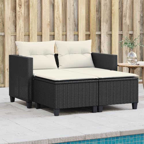 ChicAbode Gartensofa 2-Sitzer mit Hockern Schwarz und Creme Poly Rattan von ChicAbode