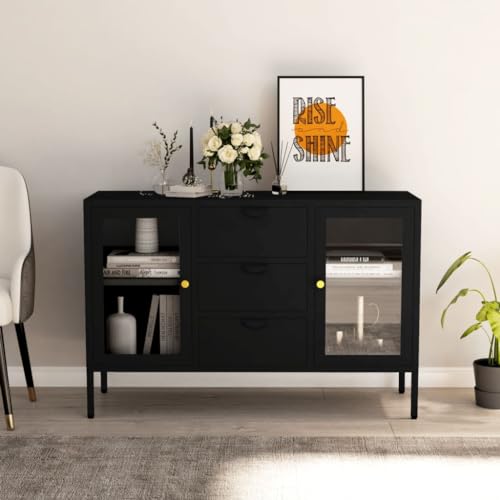 ChicAbode Sideboard Schwarz 105x35x70 cm Stahl und Hartglas von ChicAbode