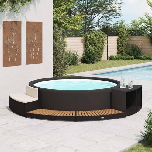 ChicAbode Whirlpool-Umrandung Schwarz Poly Rattan & Massivholz Akazie Schwimmbecken Poolumrandung von ChicAbode