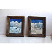 Vintage 2Er Set Ölgemälde Holzrahmen Winterlandschaft Bild Handgemalte Wandbehang Dekor Europäisch Mcm Rustikale Dekoration Kunst von ChicAndAntiques