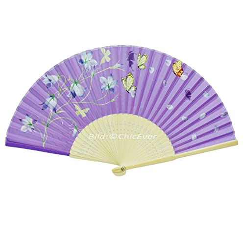 ChicEver Fächer Handfächer aus Bambus & Baumwolle creme lila violett blau gelb Blumen Schmetterlinge Handarbeit 7292 von ChicEver
