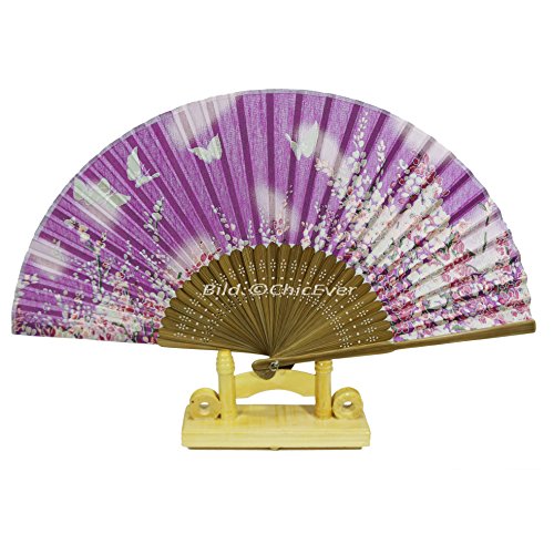 ChicEver Fächer Handfächer aus Bambus & Stoff lila violett braun weiß Blumen Schmetterlinge 6713 von ChicEver