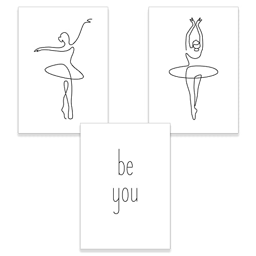 ChicResult Line Art Wandbilder 3er Set BE YOU - Moderne schwarz-weiß Bilder, Wandbild mit Spruch, Bilderset Ballerina (3 x DIN A4 ohne Bilderrahmen) von ChicResult