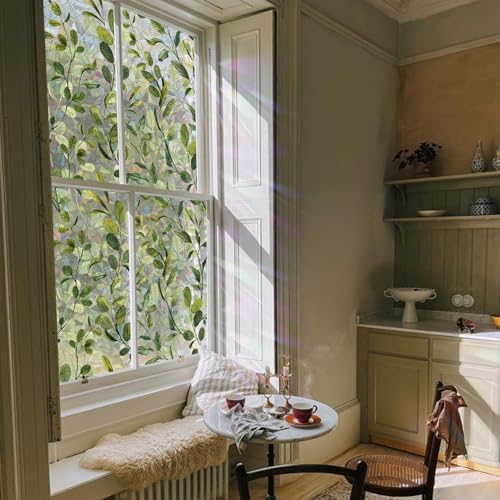 ChicSkin fensterfolie Blickdicht, Fensterfolie bunt Aquarell Eukalyptusblätter, Fensterfolie sichtschutz Regenbogen Folie Fenster Fensterdekoration Geeignet für Wohnzimmer und Schlafzimmer 53X300CM von ChicSkin