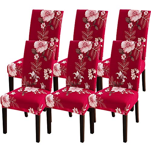 ChicSoleil Stuhlabdeckung Abnehmbare Stuhlbezug Stretch Sitzbezug Blumen Muster Stuhl Hussen Schonbezug Stuhlüberwurf für Hochzeit Restaurant Hotel (Fanghua-Rot, 6 Stück) von ChicSoleil