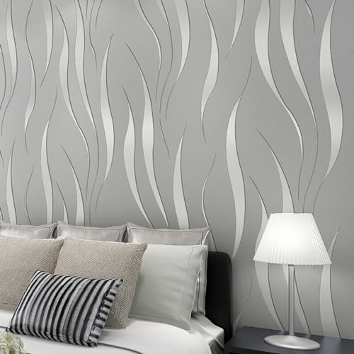 ChicSoleil Tapete Vliestapete 3D mit Wasserpflanzen-Muster,3D-Wellen Geprägte Tapetenrolle,Moderne Minimalistisch Wallpaper mit 3D-Wellen 0,53 m x 9,5 m = 5m², Silberfarben und Grau von ChicSoleil