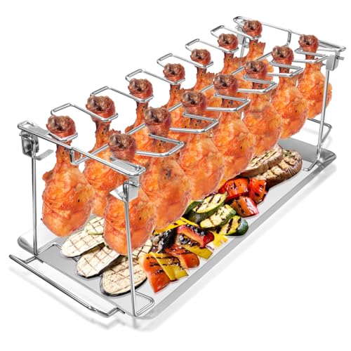 ChicSolis Edelstahl Hähnchenschenkel Rack mit Auffangschale - Faltbare Hähnchenschenkel Rack - Hält 14 Hähnchenschenkel - spülmaschinenfest von ChicSolis