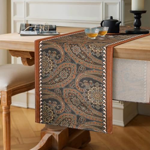 Chicamy Braun Tischläufer Boho Vintage Geometrie Marokkanische Tischläufer Abwaschbar Saisonnal Küche Esstisch Hochzeit Bankett Dekoration für Esszimmer Urlaub Party Herbst Paisley Dekor (40x140 cm) von Chicamy