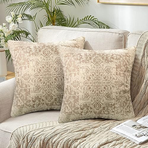 Chicamy 2Er Set Boho Kissenbezüge Indische Exotische Muster Kissenhülle Doppelseitig Beige Coffee Square Kissenbezüge Retro Leinenoptik Sofakissen Dekorative für Sofa Schlafzimmer Wohnzimmer 40x40 cm von Chicamy