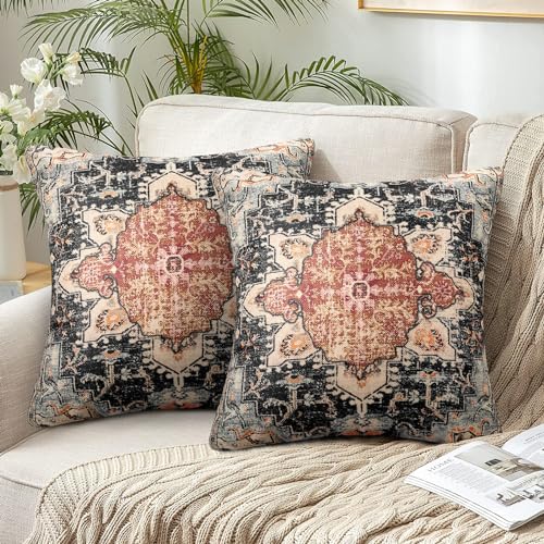 Chicamy 2er Set Bohemian Kissenbezüge 45 x 45 cm Doppelseitig Indian Boho Abstrakte Leinen Orange Kissenbezug Square Dekorative Kissenhülle Zierkissenbezüge Outdoor Kissen für Sofa Schlafzimmer von Chicamy