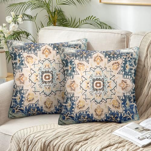 Chicamy 2er Set Bohemian Kissenbezug Dekorativ 40x40 Leinen Kissenhülle Indische Hippie Böhmischen Kissenbezüge Dekokissen Mandala Blume Muster Kopfkissenbezug für Sofa Home Dekor (Blau) von Chicamy