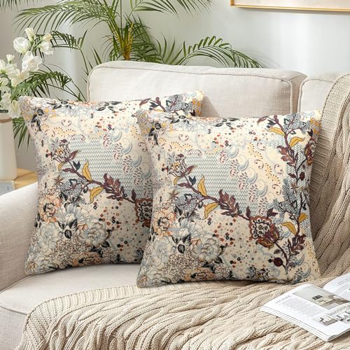 Chicamy 2er Set Boho Kissenbezüge 45x45 Indische Exotische Muster Kissenhülle Doppelseitig Khaki Coffee Square Kissenbezüge Retro Leinenoptik Sofakissen Dekorative für Sofa Schlafzimmer Wohnzimmer von Chicamy