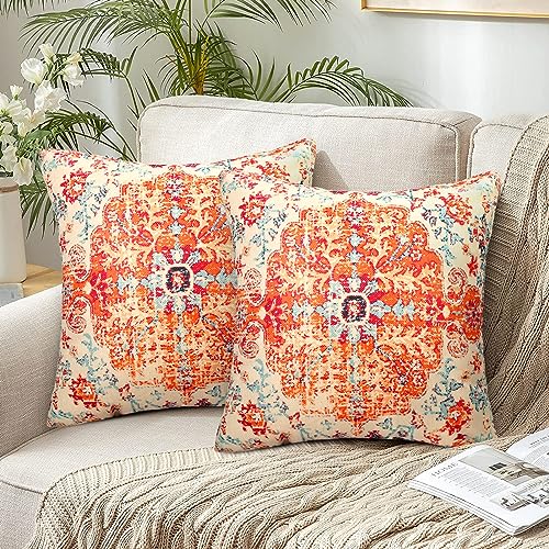 Chicamy 2er Set Boho Kissenbezug 40x40 cm Leinen Kissenhülle Dekorative Doppelseitiger Druck Kissenbezüge Türkischer Teppich Muster Vintage Zierkissenbezug für Sofa Wohnzimmer Schlafzimmer Garten von Chicamy