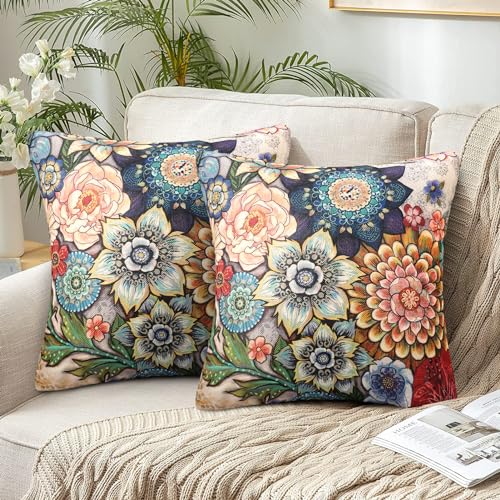 Chicamy 2er Set Boho Vintage Kissenbezug 40 x 40 Orientalische Ethnic Kissenbezüge Deko Indische Hippie Böhmischen Mandala Blume Kissenhülle Leinen Landhausstil Zierkissenbezüge Dekor für Sofa von Chicamy