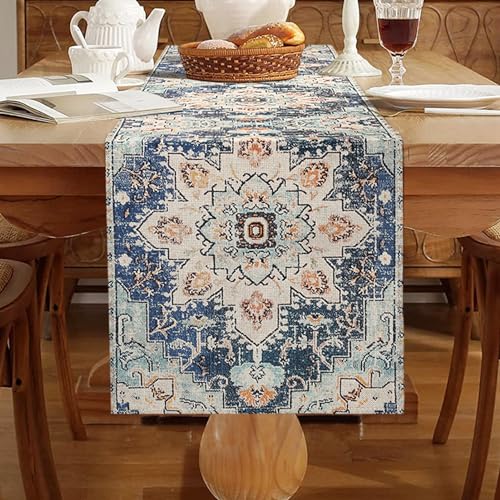 Chicamy Blaue Tischläufer Leinen 33 x 183 cm Mandala Tischläufer Modern Boho Style Tisch läufer Landhausstil Rustikale Tischdecke Dekorativer für Dinner Party Urlaub Esszimmer Kommode Dinner von Chicamy