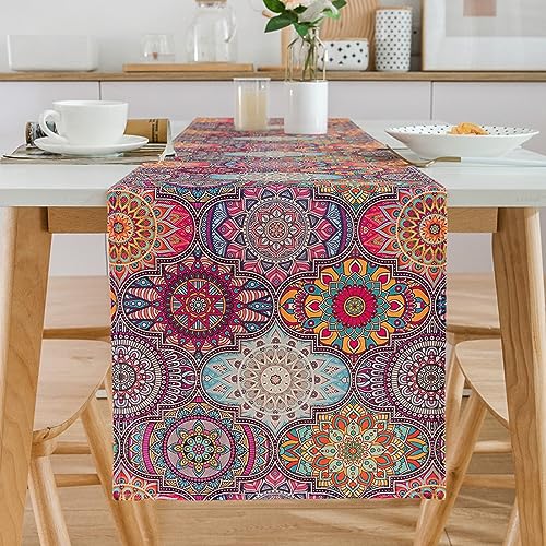 Chicamy Tischläufer Blumen Mandala Bunt Tischläufer Boho Verschlüsselter Leinen Bedruckter Tischläufer Waschbar Handgemachte Abstrakt Dekorativer Tischdecke für Hochzeit Fest Party Küche 40X140cm (D) von Chicamy