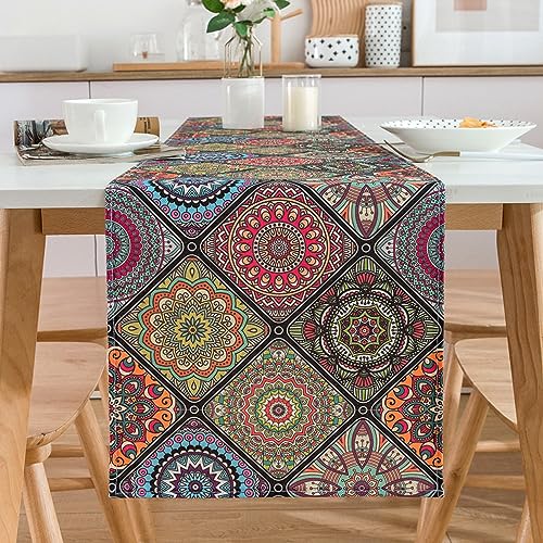 Chicamy Tischläufer Boho Vintage Leinen Tischläufer Abstrakte Ethno Doodle Tischläufer Mandala floral Handgefertigte Rechteckiger Dekorativer Tischdecke für Party Bankett Restaurant (B,33 X 183 cm) von Chicamy