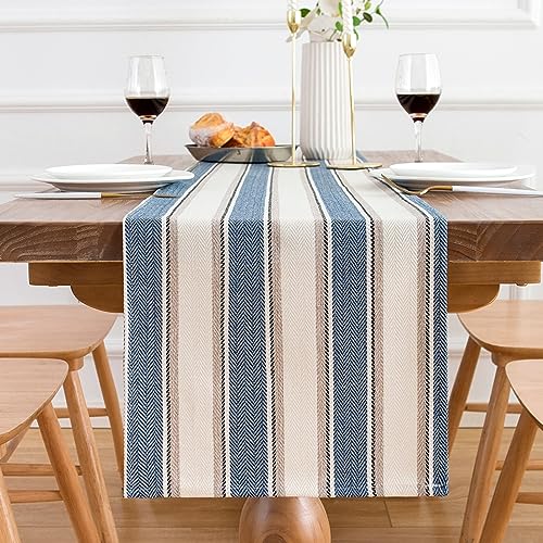 Chicamy Tischläufer Modern Reines Leinen Tischläufer Natur Handgefertigte Tischläufer Landhausstil für Küche Esszimmer Couchtisch Dekoration für Restaurants Maschinenwaschbar (Blau,33 X 140cm) von Chicamy