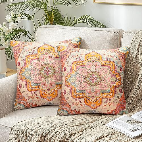 Kissenbezüge 45 x 45 Leinen Kissenhüllen Boho Kissenbezug Türkischer Teppich Muster Kissenhülle Doppelseitiger Druck Moderne Geometrisch Landhausstil Zierkissenbezüge Mandala Blume Dekor 2er Set von Chicamy