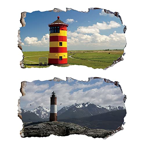 2Pcs Aussicht Leuchtturm weiß Meer Wandtattoo 3D Effekt XXL Wanddurchbruch Fenster Wandaufkleber für Junge Mädchen Kinderzimmer Groß 1000mmx600mm v03 von Chicbanners