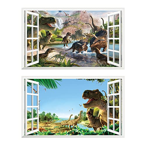 2Pcs Dinosaurier Dino Urzeit T-rex Wandtattoo 3D Effekt XXL Wanddurchbruch Fenster Wandaufkleber für Kinderzimmer Jungenzimmer Groß 1000mmx600mm von Chicbanners