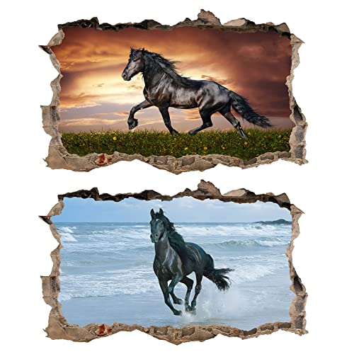 2Pcs Pferd Horse Schwarz Wandtattoo 3D Effekt XXL Wanddurchbruch Fenster Wandaufkleber für Junge Mädchen Kinderzimmer 1000 mm breit x 600 mm tief von Chicbanners