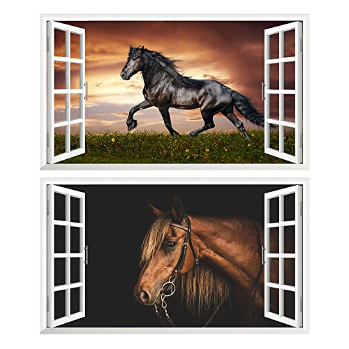 2Pcs Pferd Horse Schwarz Weiss Wandtattoo 3D Effekt XXL Wanddurchbruch Fenster Wandaufkleber für Junge Mädchen Kinderzimmer V10 1000 mm breit x 600 mm tief (groß) von Chicbanners