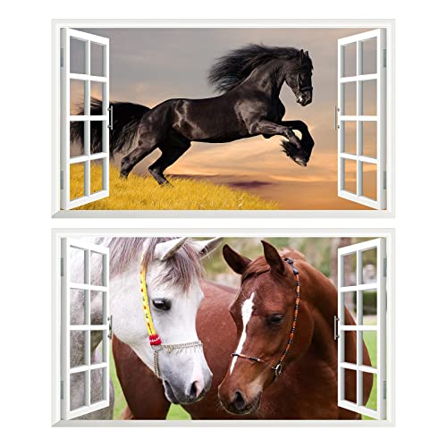 2Pcs Pferd Horse Schwarz Weiss Wandtattoo 3D Effekt XXL Wanddurchbruch Fenster Wandaufkleber für Junge Mädchen Kinderzimmer V09 1000 mm breit x 600 mm tief (groß) von Chicbanners