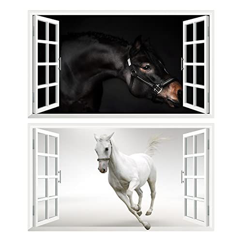2Pcs Pferd Horse Schwarz Weiss Wandtattoo 3D Effekt XXL Wanddurchbruch Fenster Wandaufkleber für Junge Mädchen Kinderzimmer V11 1000 mm breit x 600 mm tief (groß) von Chicbanners