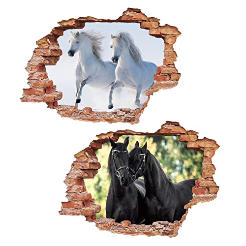 2Pcs Pferd Horse Schwarz Weiss Wandtattoo 3D Effekt XXL Wanddurchbruch Fenster Wandaufkleber für Junge Mädchen Kinderzimmer Groß 1000mmx580mm V06 von Chicbanners