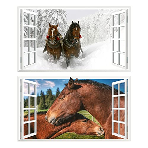 2Pcs Pferd Horse Schwarz Weiss Wandtattoo 3D Effekt XXL Wanddurchbruch Fenster Wandaufkleber für Junge Mädchen Kinderzimmer 1000 mm breit x 600 mm tief (groß) von Chicbanners