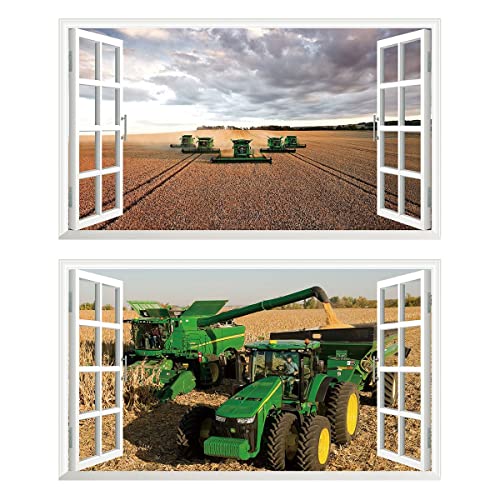 2Pcs Wandtattoo Mähdrescher Traktor Trecker 3D Effekt XXL Farm Feld Landwirtschaft Wandaufkleber Fenster Selbstklebend für Junge Kinderzimmer Groß 1000mmx600mm von Chicbanners