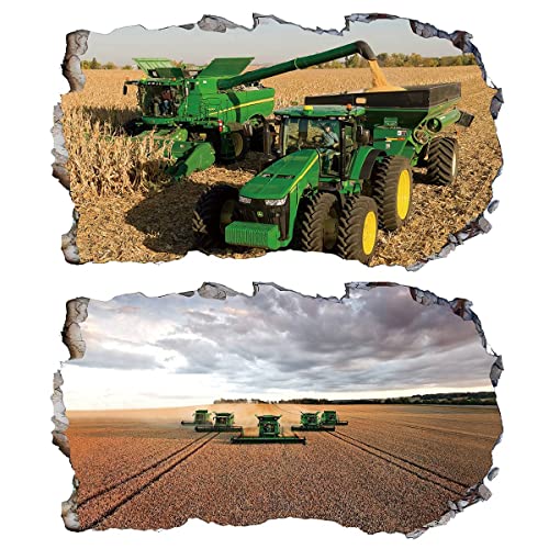 2Pcs Wandtattoo Mähdrescher Traktor Trecker 3D Effekt XXL Farm Feld Landwirtschaft Wandaufkleber Fenster Selbstklebend für Junge Kinderzimmer Groß 1000mmx600mm von Chicbanners