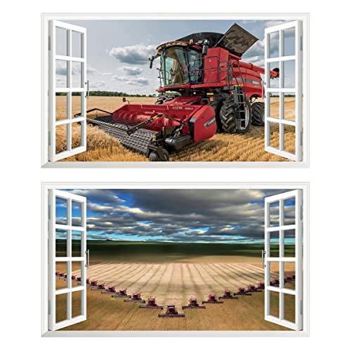 2Pcs Wandtattoo Mähdrescher Traktor Trecker 3D Effekt XXL Farm Feld Landwirtschaft Wandaufkleber Fenster Selbstklebend für Junge Kinderzimmer Groß 1000mmx600mm von Chicbanners