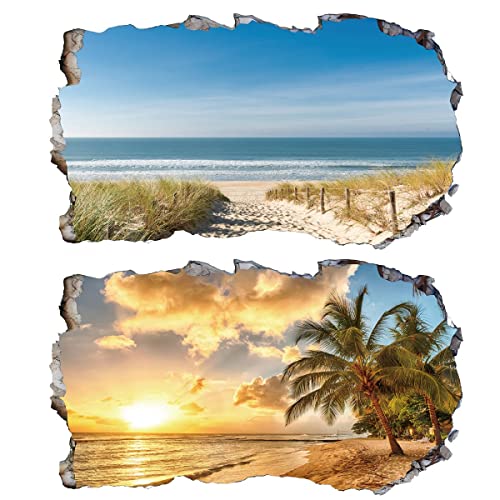 2Pcs Wandtattoo Meer Strand Beach Natur Landschaft 3D Effekt XXL Wandaufkleber Fenster Selbstklebend Wandsticker für Junge Mädchen Kinderzimmer Groß 1000mmx600mm V04 von Chicbanners