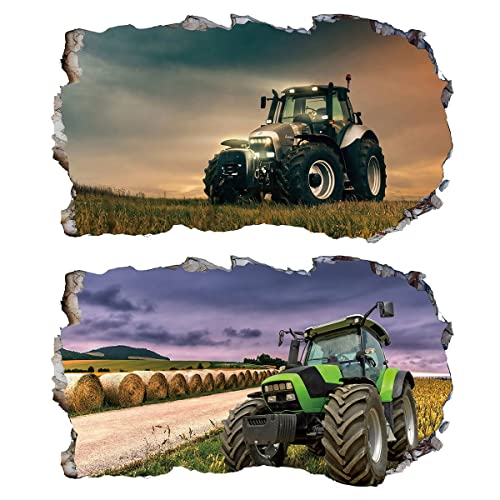 2Pcs Wandtattoo Traktor Trecker 3D Effekt XXL Farm Feld Landwirtschaft Wandaufkleber Fenster Selbstklebend für Junge Kinderzimmer Groß 1000mmx600mm von Chicbanners