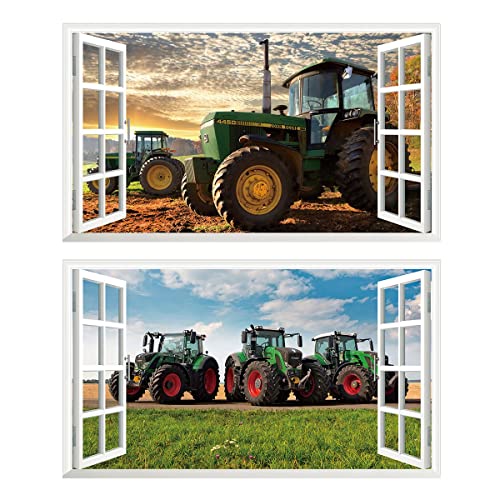 2Pcs Wandtattoo Traktor Trecker 3D Effekt XXL Farm Feld Landwirtschaft Wandaufkleber Fenster Selbstklebend für Junge Kinderzimmer Groß 1000mmx600mm v10 von Chicbanners
