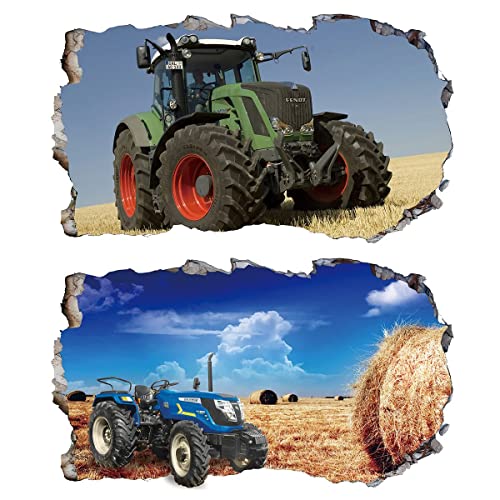 2Pcs Wandtattoo Traktor Trecker 3D Effekt XXL Farm Feld Landwirtschaft Wandaufkleber Fenster Selbstklebend für Junge Kinderzimmer Groß 1000mmx600mm v09 von Chicbanners